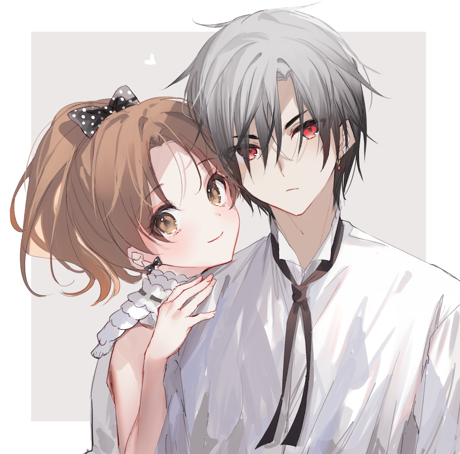 1boy, 1girl, bangs, bare_arms, black_bow, black_hair, blush, bow