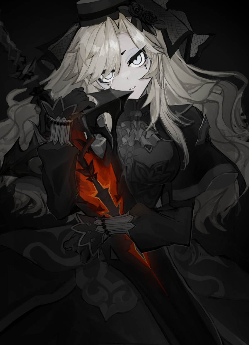 1girl, absurdres, bangs, black_dress, black_flower, black_gloves, black_headwear, black_rose