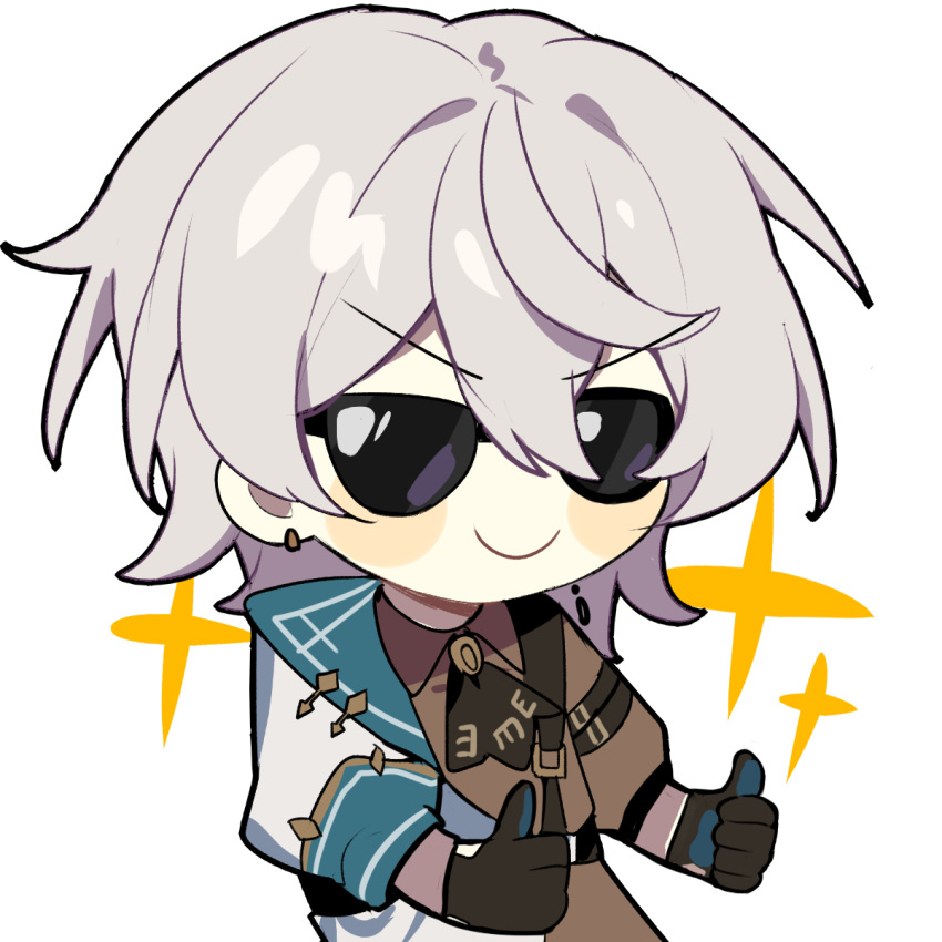 1boy, bangs, black_gloves, brown_jacket, closed_mouth, earrings, gloves, highres