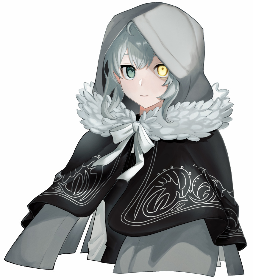 1girl, absurdres, ahoge, bangs, bow, bowtie, cloak, cropped_torso, expressionless, fate/grand_order, fate_(series), fur_trim, glowing, glowing_eye, gray_(fate), grey_hair, hair_between_eyes, heterochromia, highres, hood, hood_up, looking_at_viewer, lord_el-melloi_ii_case_files, solo, tokoni_fusu