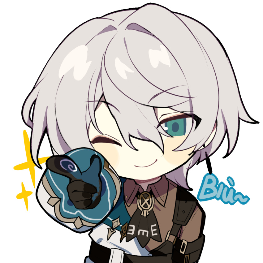 1boy, bangs, black_gloves, brown_jacket, closed_mouth, earrings, gloves, green_eyes, highres, honkai_(series), honkai_impact_3rd, jacket, jewelry, long_sleeves, lyle_collodi_(honkai_impact), multicolored_clothes, multicolored_jacket, official_art, one_eye_closed, short_hair, single_earring, solo, transparent_background, upper_body, white_hair, white_jacket
