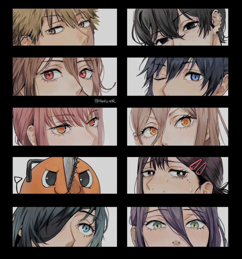 angel_devil_(chainsaw_man), bangs, black_border, black_hair, blonde_hair, blue_eyes, border, brown_hair, chainsaw, chainsaw_man, cross-shaped_pupils, denji_(chainsaw_man), ear_piercing, eye_focus, eyepatch, green_eyes, hair_between_eyes, hayakawa_aki, higashiyama_kobeni, highres, himeno_(chainsaw_man), kuby_hq, long_hair, looking_at_viewer, looking_to_the_side, looking_up, makima_(chainsaw_man), medium_hair, mole, mole_under_eye, multiple_piercings, one_eye_closed, orange_eyes, piercing, pochita_(chainsaw_man), power_(chainsaw_man), purple_hair, red_eyes, reze_(chainsaw_man), ringed_eyes, short_hair, sweat, swept_bangs, symbol-shaped_pupils, yoshida_hirofumi