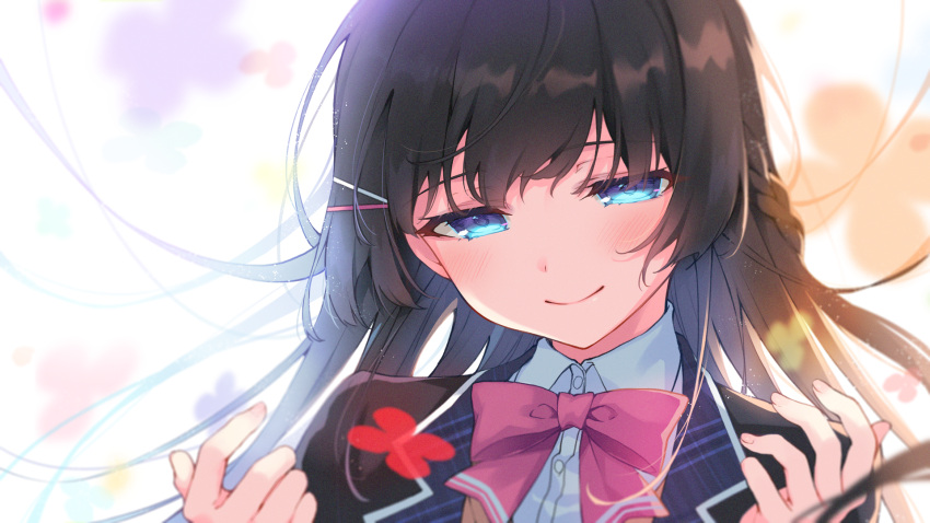 1girl, 2980, bangs, black_hair, black_jacket, blue_eyes, blurry, blush