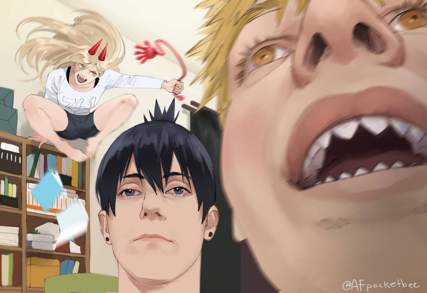 1girl, 2boys, bangs, black_hair, blonde_hair, blue_eyes, blurry, blurry_foreground