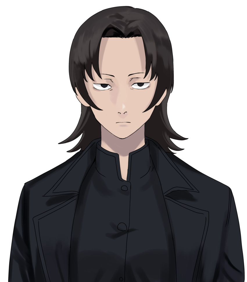 1girl, black_coat, black_hair, black_shirt, chainsaw_man, coat, collared_shirt, curtained_hair, genderswap, genderswap_(mtf), highres, katana_man_(chainsaw_man), looking_at_viewer, medium_hair, shirt, sige_ru39, simple_background, solo, straight-on, white_background