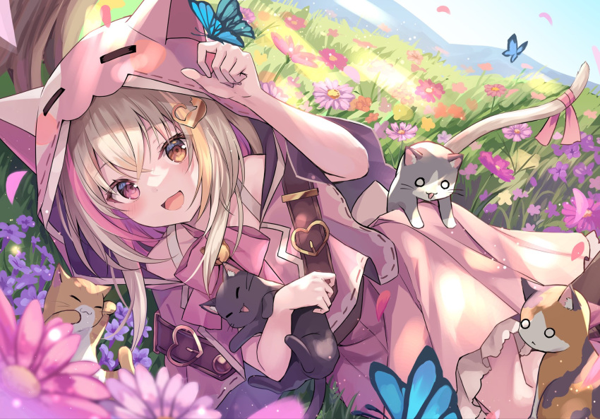 1girl, amemiya_ayune, animal, animal_hood, black_cat, blonde_hair, bug, butterfly