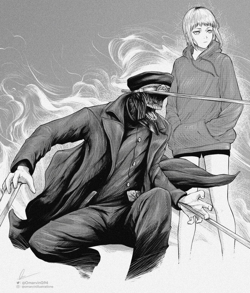 1boy, 1girl, black_coat, black_pants, black_shirt, chainsaw_man, coat, dark_background