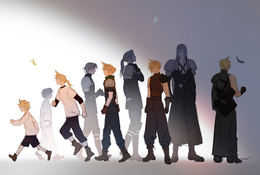 age_progression, aged_down, armor, baggy_pants, bangs, belt, black_gloves, black_jacket