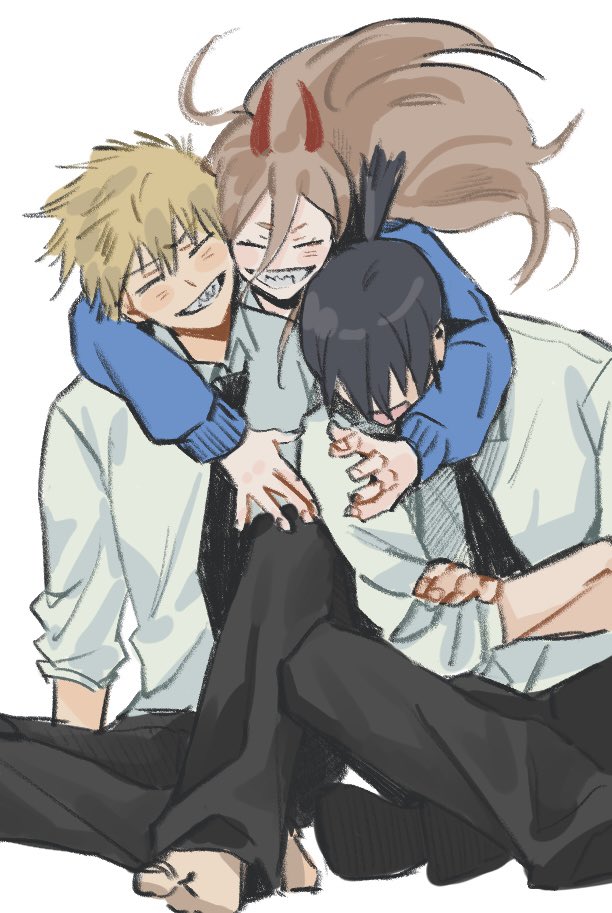 1girl, 2boys, bangs, black_hair, black_necktie, black_pants, blonde_hair, blue_jacket