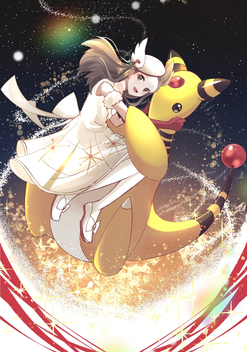 1girl, :d, absurdres, ampharos, brown_hair, commentary_request, dress, gloves, hair_behind_ear, hat, highres, jasmine_(holiday_2022)_(pokemon), jasmine_(pokemon), long_hair, looking_at_viewer, official_alternate_costume, open_mouth, pantyhose, pokemon, pokemon_(creature), pokemon_(game), pokemon_masters_ex, red_gloves, shoes, sidelocks, smile, ssn_(sasa8u9r), white_dress, white_footwear, white_headwear, white_pantyhose