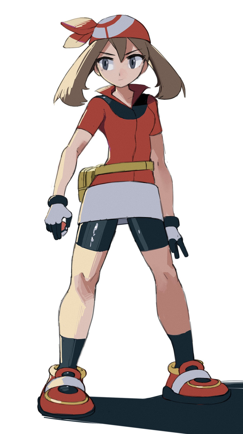1girl, bandana, bangs, bike_shorts, bike_shorts_under_skirt, brown_hair, closed_mouth, collared_shirt