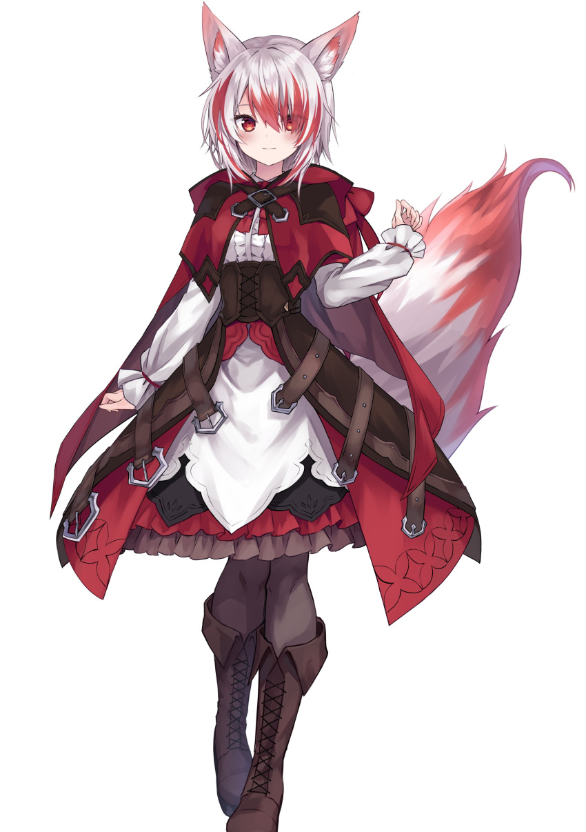 1girl, absurdres, animal_ears, boots, brown_footwear, capelet, corset, dress