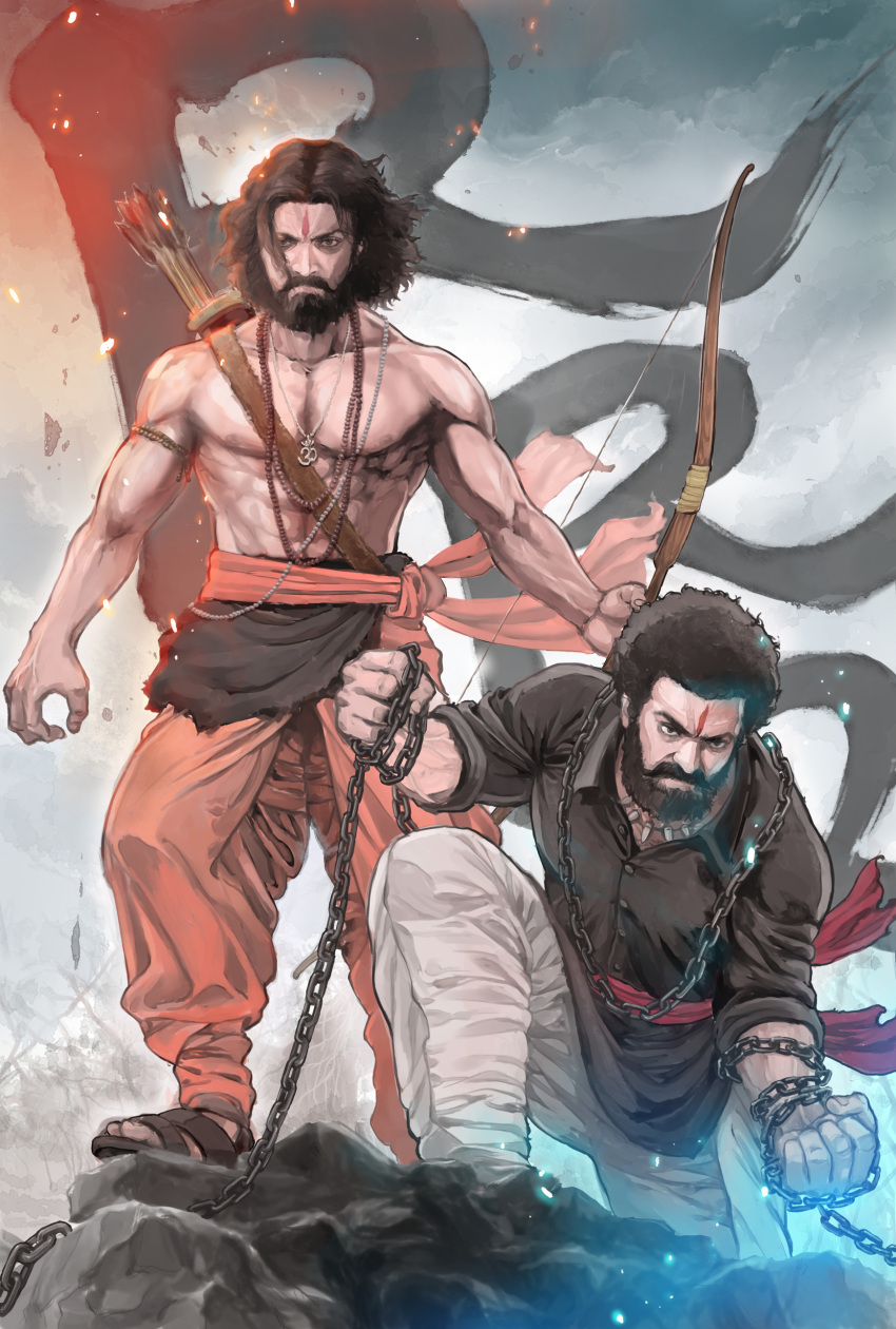 2boys, abs, absurdres, alluri_sitarama_raju, bare_shoulders, beard, black_shirt, bow_(weapon)