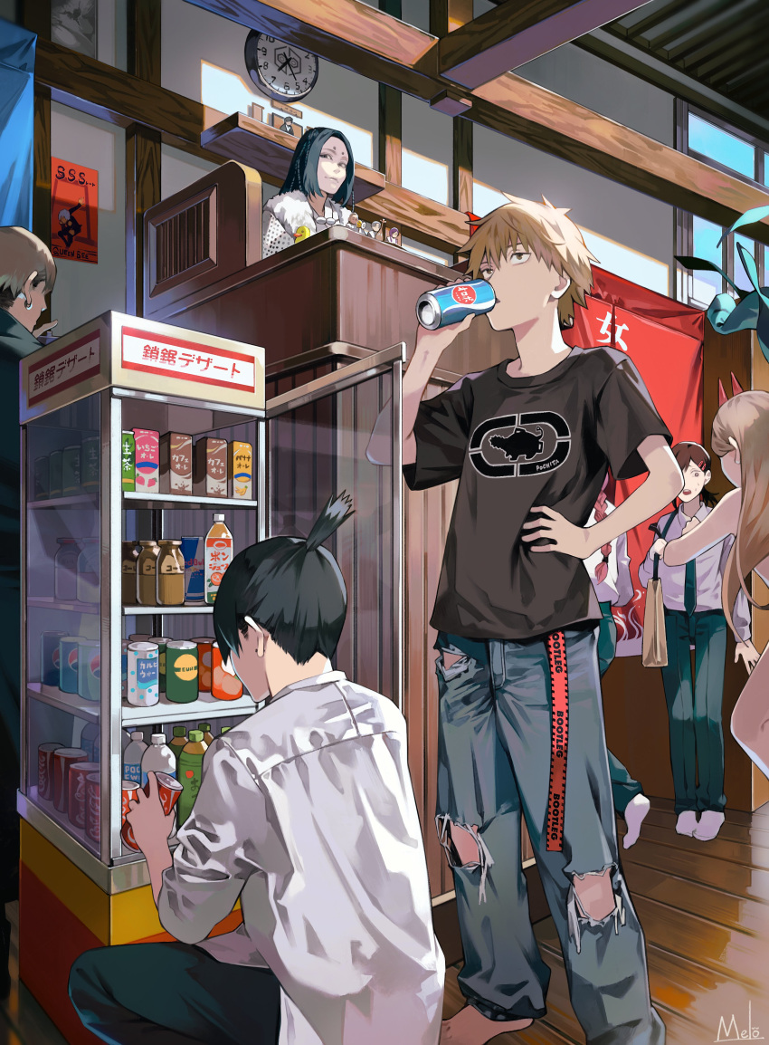 3boys, 3girls, absurdres, bangs, barefoot, black_coat, black_hair, black_necktie, black_pants, black_sclera, blonde_hair, braid, braided_ponytail, brown_hair, can, chainsaw_man, character_request, clock, coat, coca-cola, collared_shirt, colored_sclera, denji_(chainsaw_man), drinking, ear_piercing, flask, hayakawa_aki, higashiyama_kobeni, highres, holding, holding_can, holding_flask, horns, kishibe_(chainsaw_man), kyuuba_melo, long_hair, looking_away, makima_(chainsaw_man), medium_hair, milk_carton, multiple_boys, multiple_girls, necktie, open_mouth, pants, pepsi, piercing, pochita_(chainsaw_man), power_(chainsaw_man), red_horns, shirt, shirt_tucked_in, short_hair, single_sidelock, soda_bottle, soda_can, squatting, swept_bangs, topknot, torn_clothes, undercut, wall_clock, white_shirt, yonezu_kenshi_(person)