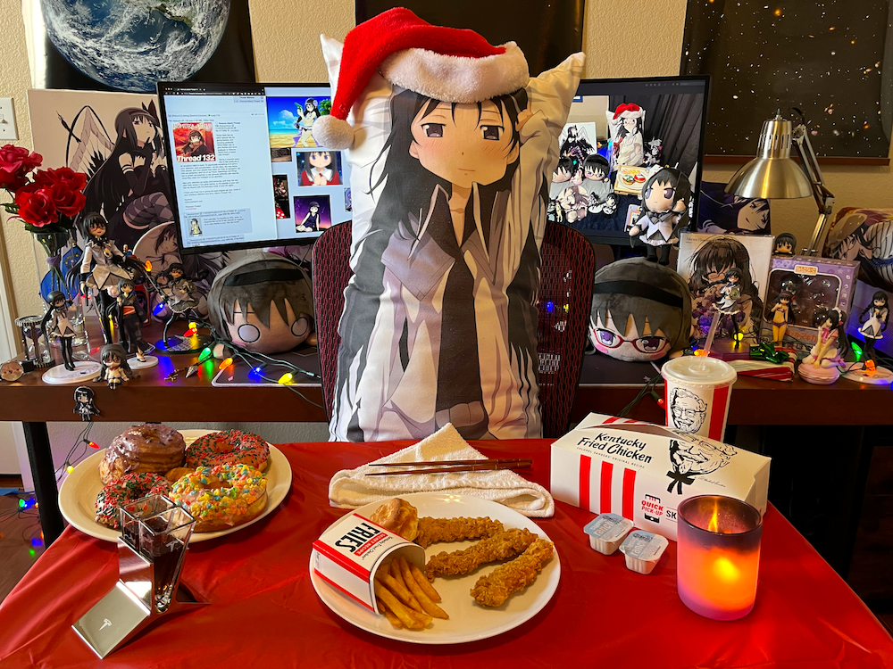 1girl, 2d_dating, 4chan, akemi_homura, black_hair, candle, chicken_wing, chopsticks