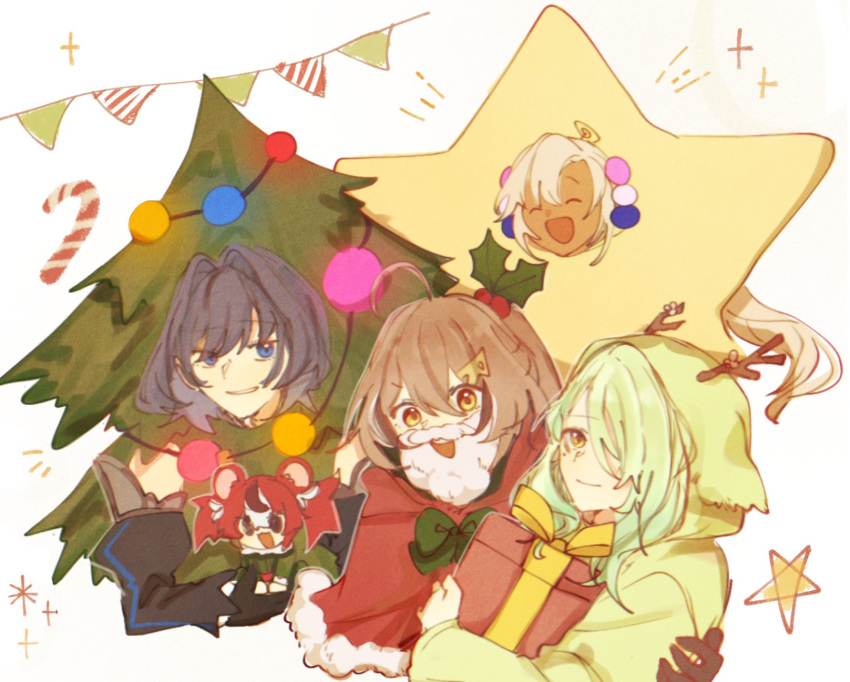 5girls, ahoge, alternate_costume, animal_ears, antlers, bangs, black_hair, blonde_hair