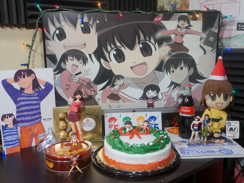 1girl, 2d_dating, azumanga_daioh, azumanga_daioh's_school_uniform, blue_shirt, cake, card, christmas