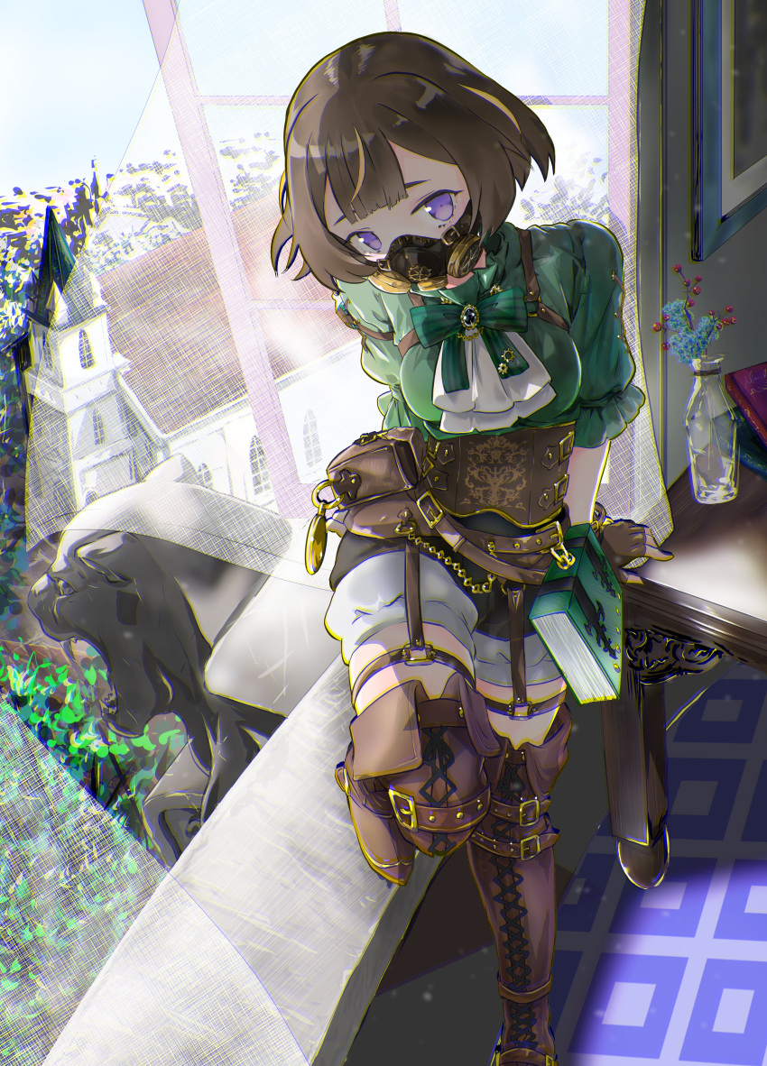 1girl, absurdres, anya_melfissa, belt, berry, book, book_stack, boots, bottle, brooch, brown_corset, brown_hair, building, carpet, chain, church, corset, curtains, embroidery, fingerless_gloves, foliage, garter_straps, gloves, green_shirt, highres, hololive, hololive_indonesia, jewelry, looking_at_viewer, mask, multiple_belts, official_alternate_costume, open_window, picture_frame, plant, pocket_watch, pouch, ribbon, shirt, short_hair, short_shorts, shorts, solo, sorayomi_daichi, statue, steampunk, table, thigh_boots, town, violet_eyes, virtual_youtuber, watch, window, windowsill