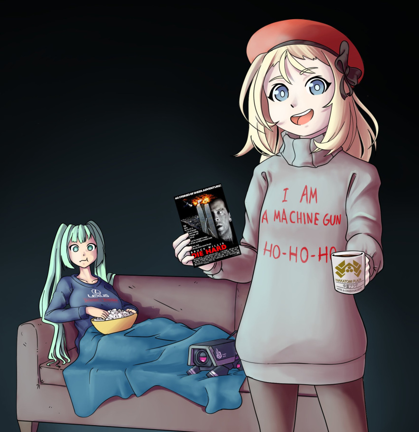 2girls, bangs, beret, blanket, blonde_hair, blue_eyes, breasts, couch