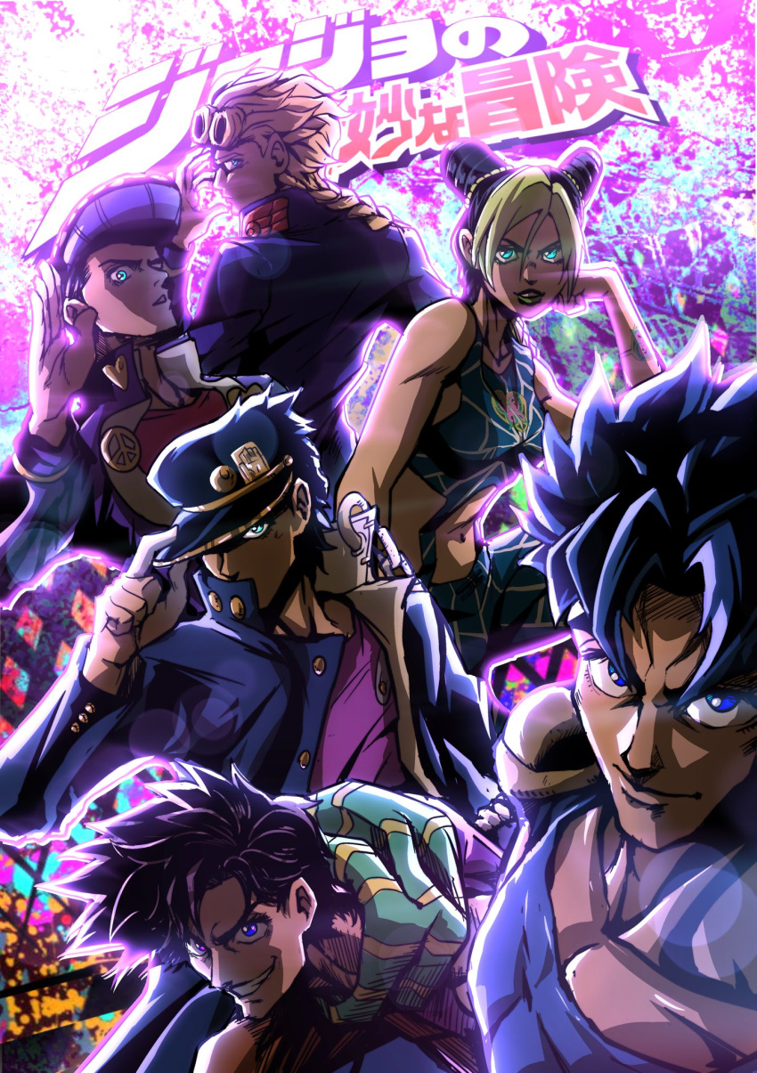 adjusting_clothes, adjusting_headwear, aqua_eyes, backlighting, batm_andrew, battle_tendency, black_hair, blonde_hair, blue_eyes, blue_hair, braid, chain, copyright_name, covered_mouth, double_bun, gakuran, giorno_giovanna, green_eyes, grin, hair_bun, hat, head_rest, higashikata_josuke, highres, jojo_no_kimyou_na_bouken, jonathan_joestar, joseph_joestar, joseph_joestar_(young), kujo_jolyne, kujo_jotaro, lipstick, makeup, multicolored_hair, muscular, muscular_male, peace_symbol, phantom_blood, pin, pompadour, purple_hair, scarf, school_uniform, single_braid, smile, stardust_crusaders, stone_ocean, striped, striped_scarf, two-tone_hair, vento_aureo