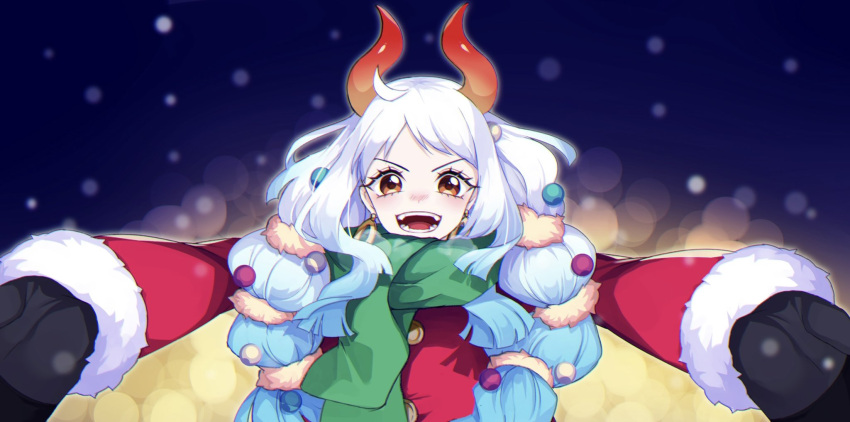 1girl, :d, alternate_costume, aqua_hair, black_gloves, brown_eyes, christmas, commentary_request