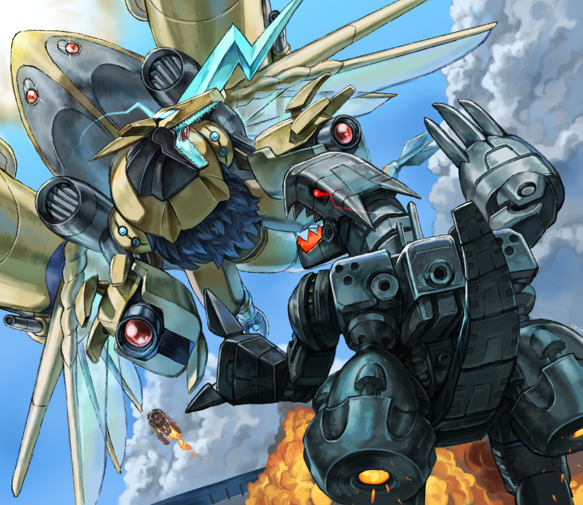 absurdres, aegisdramon, battle, beard, black_sclera, blue_sky, boots, brown_footwear, brown_gloves, brown_hair, claws, clouds, colored_sclera, commentary, day, digimon, digimon_(creature), eye_trail, facial_hair, flying, gloves, highres, horns, level-00, light_trail, looking_at_another, mecha, mugendramon, nanimon, no_humans, non-humanoid_robot, open_mouth, outdoors, red_eyes, robot, sharp_teeth, short_hair, shoulder_cannon, sky, smoke, sunglasses, teeth, wings