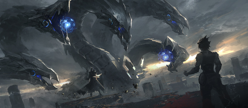 2boys, absurdres, black_coat, black_hair, black_tank_top, chimeratech_overdragon, clouds, cloudy_sky