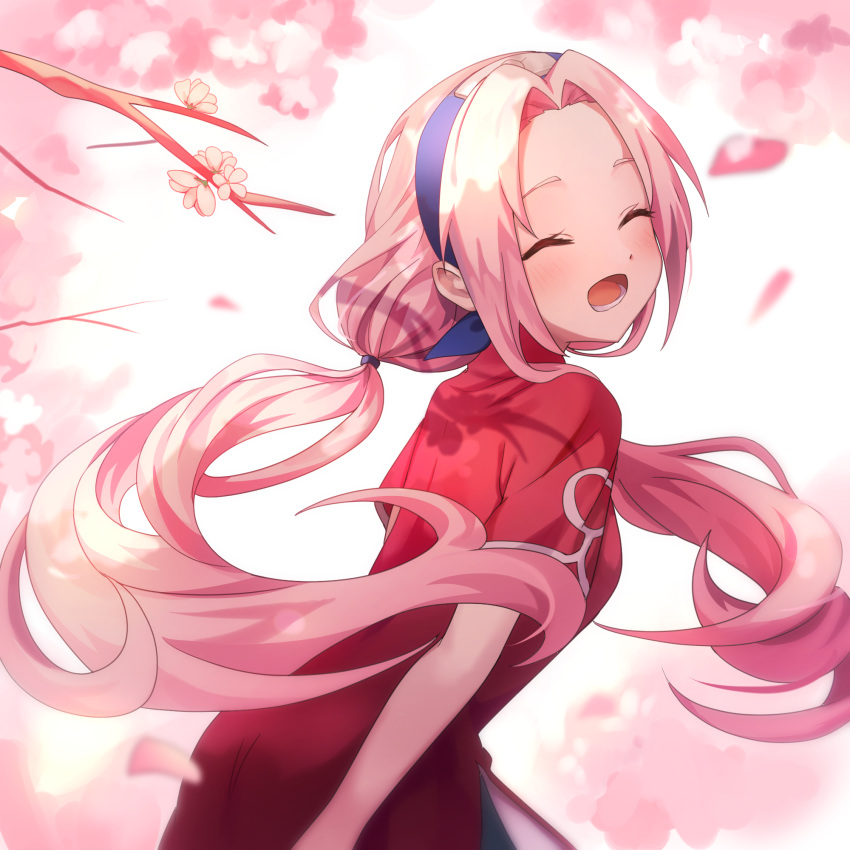 1girl, blue_headband, cherry_blossoms, closed_eyes, dress, floating_hair, from_side, haruno_sakura