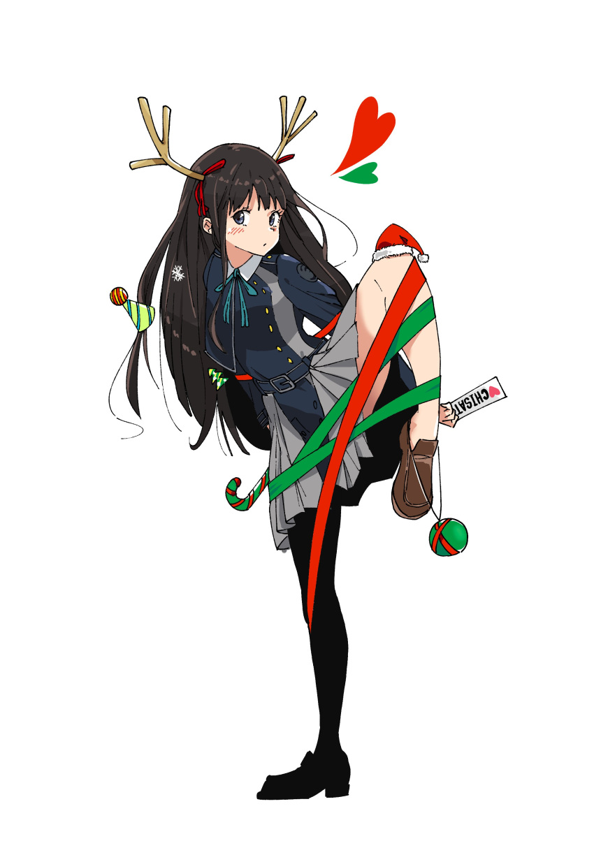 1girl, absurdres, antlers, asymmetrical_footwear, bangs, black_eyes, black_footwear, black_hair