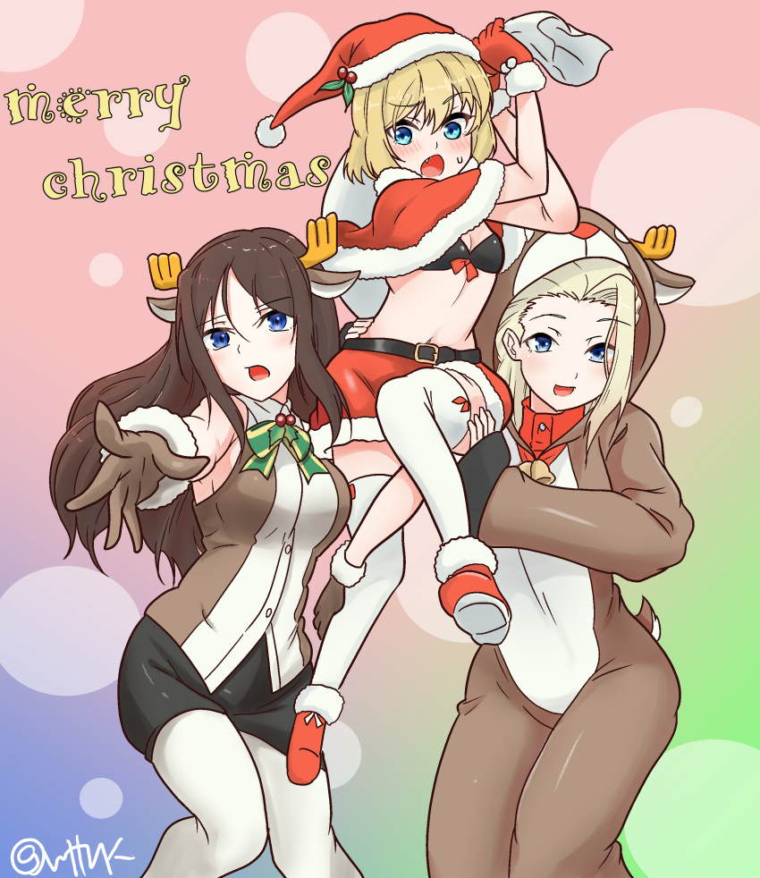 3girls, absurdres, animal_ears, animal_hood, antlers, bangs, belt, bikini