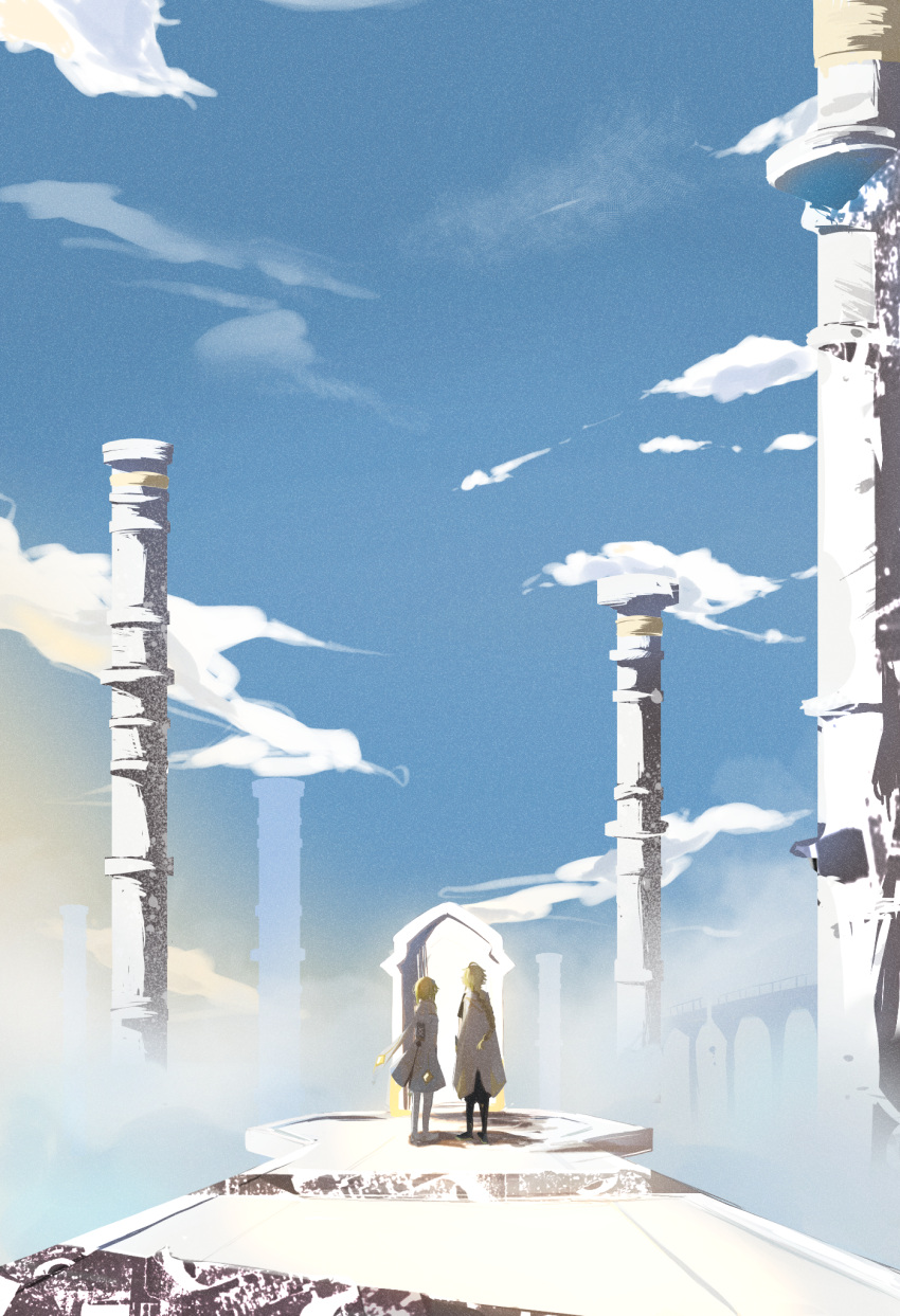 1boy, 1girl, aether_(genshin_impact), ahoge, blonde_hair, braid, capelet, clouds