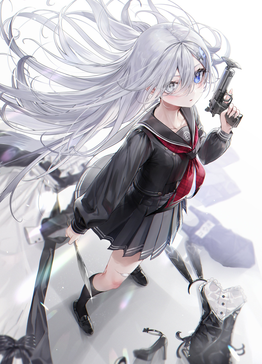 1girl, absurdres, bangs, beretta_92, black_serafuku, blue_eyes, from_above, grey_eyes
