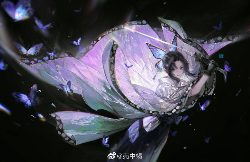 1girl, black_background, black_gloves, black_pants, bug, butterfly, butterfly_hair_ornament, falling_petals, glint, gloves, hair_ornament, highres, holding, holding_sword, holding_weapon, jacket, kimetsu_no_yaiba, kochou_shinobu, long_sleeves, pants, petals, ponytail, qiao_zhong_xie, short_hair_with_long_locks, smile, solo, sword, upper_body, violet_eyes, weapon, white_jacket, wind