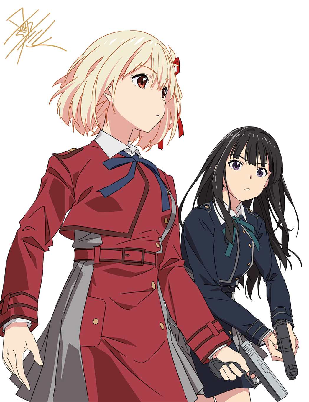 2girls, bad_boys, black_hair, blonde_hair, bob_cut, gun, hair_ribbon, handgun, highres, holding, holding_gun, holding_weapon, inoue_takina, long_hair, lycoris_recoil, lycoris_uniform, multiple_girls, nishikigi_chisato, parody, red_eyes, ribbon, short_hair, taku1122, two-tone_dress, weapon