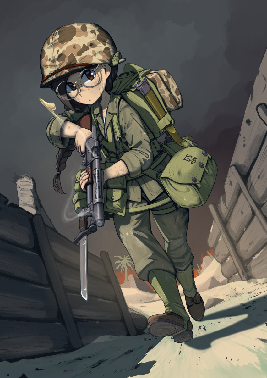 1girl, absurdres, alternate_costume, bayonet, black_hair, braid, brown_eyes, camouflage_helmet