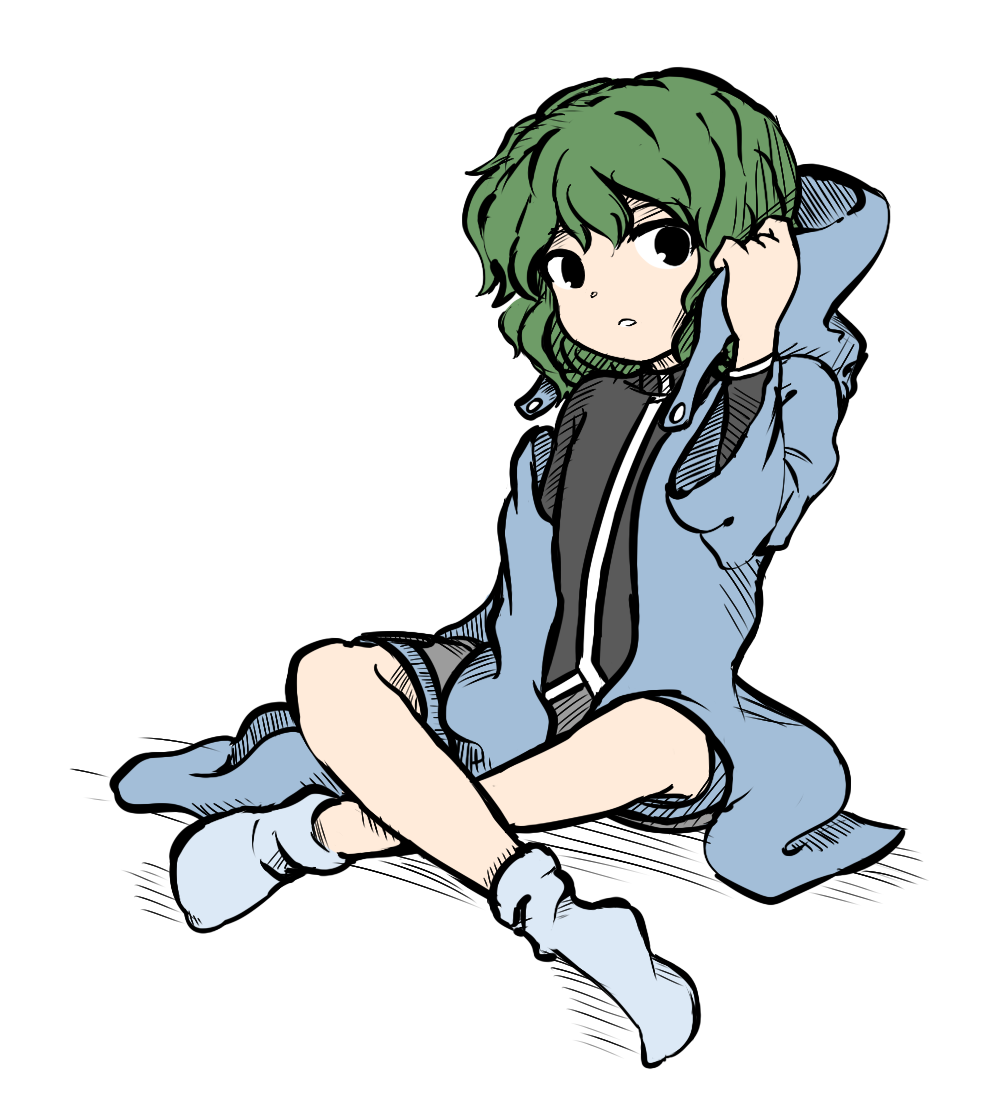 1other, alternate_eye_color, androgynous, atoymk, bangs, blue_coat, blue_hood, blue_shorts