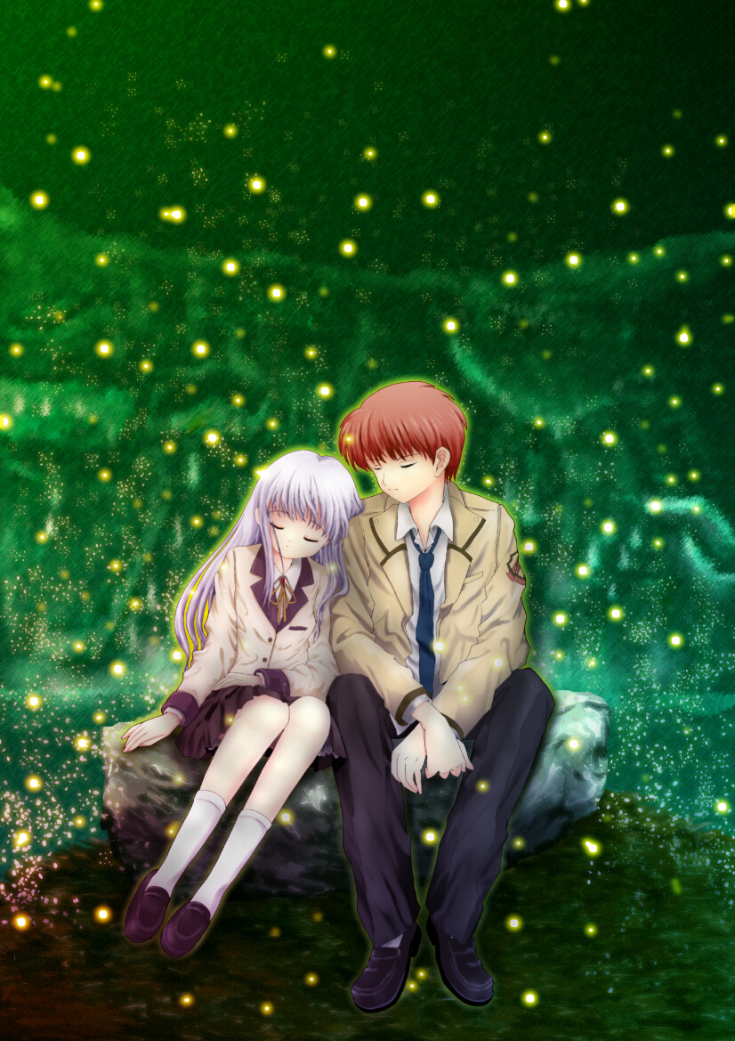 1girl, angel_beats!, blazer, brown_hair, closed_eyes, couple, long_hair, otonashi_(angel_beats!)