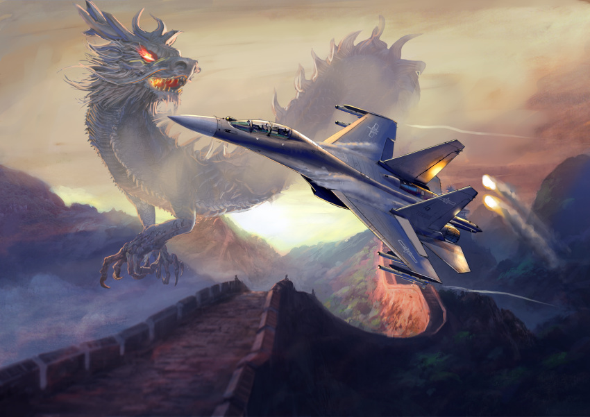 2others, absurdres, aircraft, airplane, ambiguous_gender, canopy_(aircraft), china, clouds, dragon, eastern_dragon, fantasy, fighter_jet, flare, flying, great_wall_of_china, highres, insignia, j-16, jet, military, military_vehicle, mirroraptor, missile, mountain, multiple_others, original, people's_liberation_army, people's_liberation_army_air_force, twilight, vehicle_focus