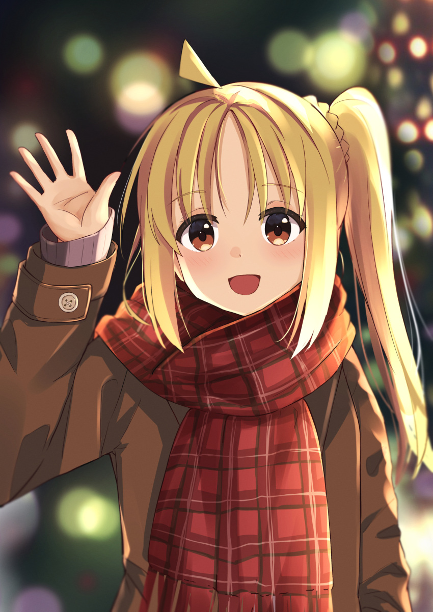 1girl, ahoge, blonde_hair, blurry, blurry_background, bocchi_the_rock!, braid, brown_coat