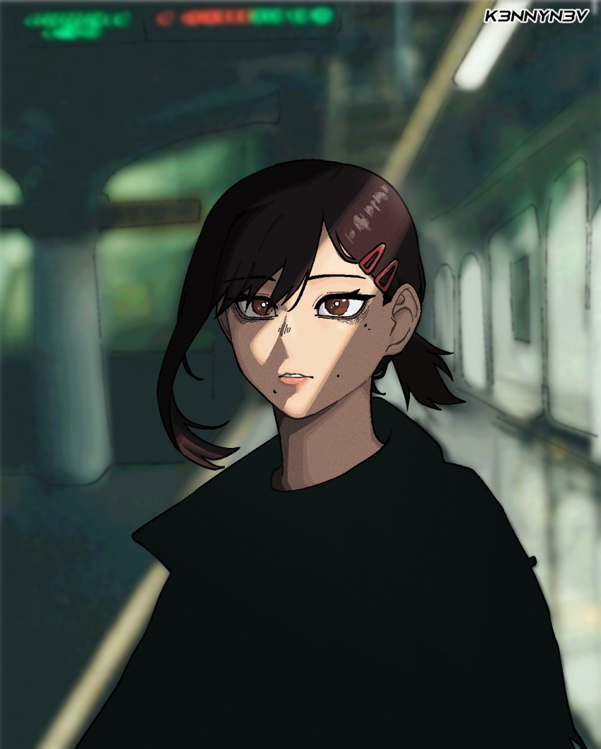 1girl, artist_name, bangs, black_hair, black_jacket, blurry, blurry_background, chainsaw_man