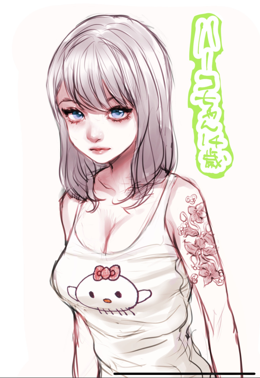 1girl, arm_tattoo, blue_eyes, grey_hair, highres, looking_at_viewer, original, pepeyama, simple_background, sukeban, tank_top, tattoo, watermark
