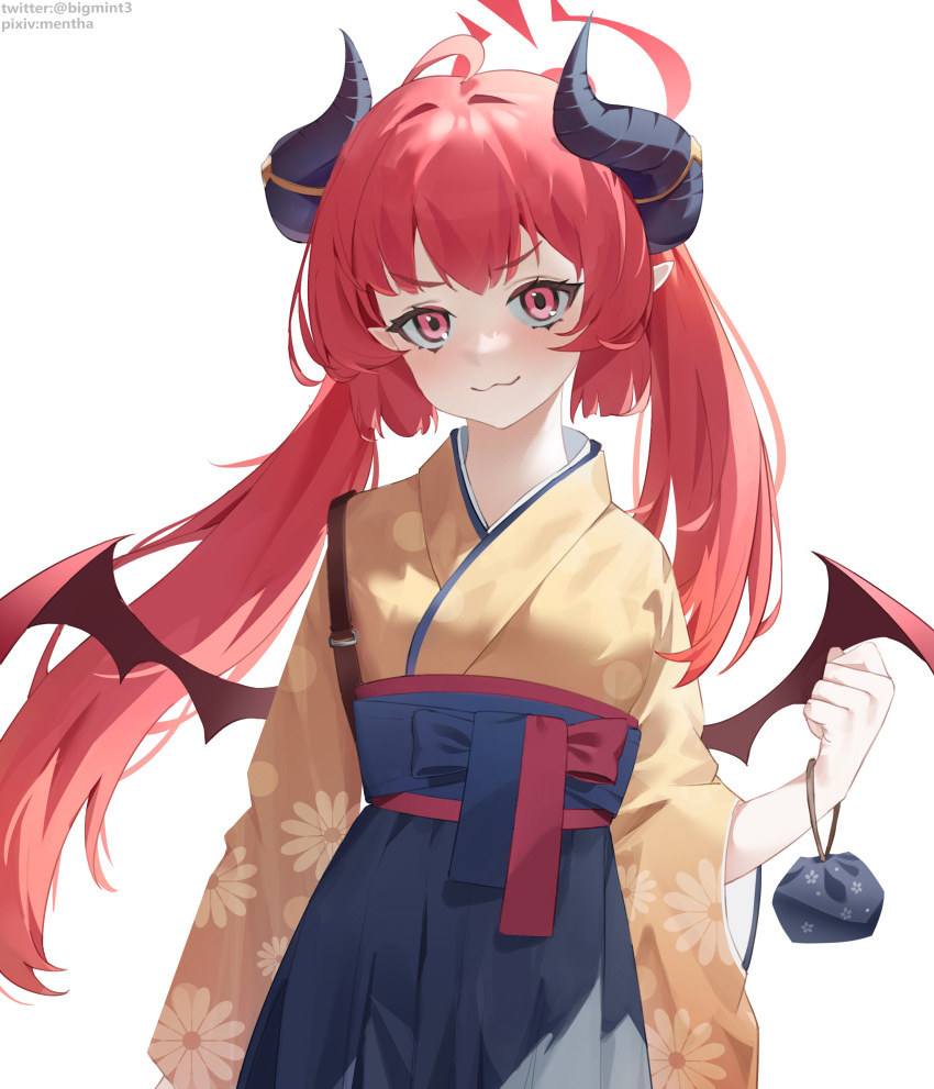 1girl, absurdres, ahoge, blue_archive, closed_mouth, floral_print, hakama, hakama_skirt, halo, highres, horns, japanese_clothes, junko_(blue_archive), junko_(new_year)_(blue_archive), kimono, long_hair, long_sleeves, looking_at_viewer, mentha, pointy_ears, red_eyes, red_wings, redhead, simple_background, skirt, smile, solo, twintails, white_background, wide_sleeves, wings, yellow_kimono