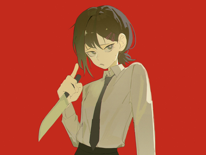 1girl, bangs, black_hair, black_necktie, black_pants, chainsaw_man, collared_shirt, hair_ornament, hairclip, higashiyama_kobeni, highres, holding, holding_knife, joosibi, kitchen_knife, knife, looking_at_viewer, mole, mole_under_eye, mole_under_mouth, multiple_moles, necktie, open_mouth, pants, pointing, pointing_at_viewer, red_background, shirt, shirt_tucked_in, short_hair, short_ponytail, simple_background, single_sidelock, solo, swept_bangs, white_shirt