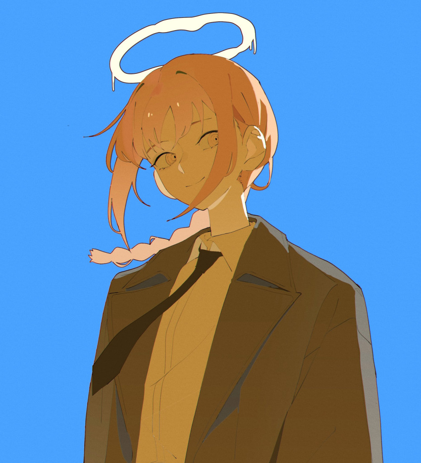 1girl, black_coat, black_necktie, blue_background, braid, braided_ponytail, chainsaw_man, coat