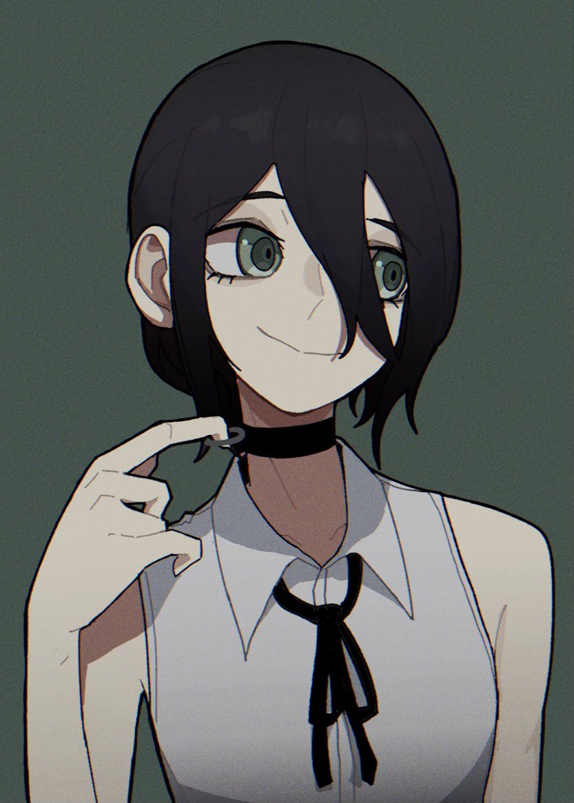 1girl, black_choker, black_hair, black_ribbon, chainsaw_man, choker, collared_shirt, green_background