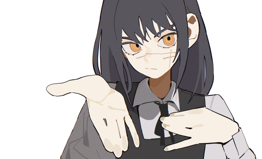 1girl, bangs, black_hair, black_ribbon, chainsaw_man, collared_shirt, cross_scar, dress