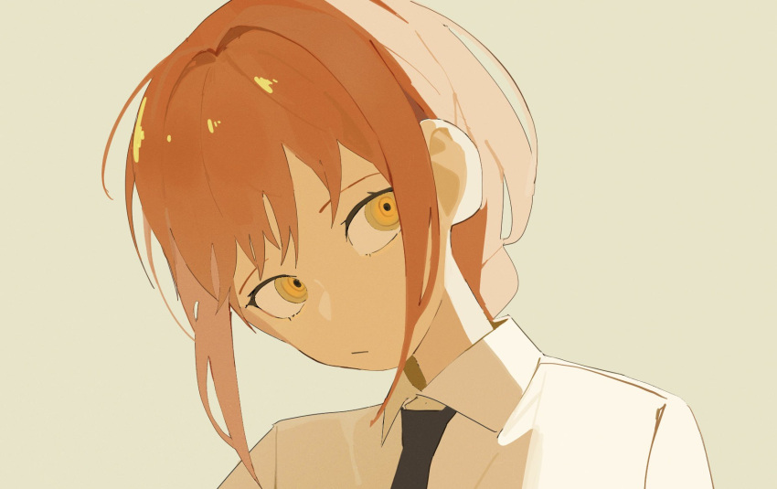 1girl, bangs, black_necktie, braid, chainsaw_man, collared_shirt, eyelashes, grey_background