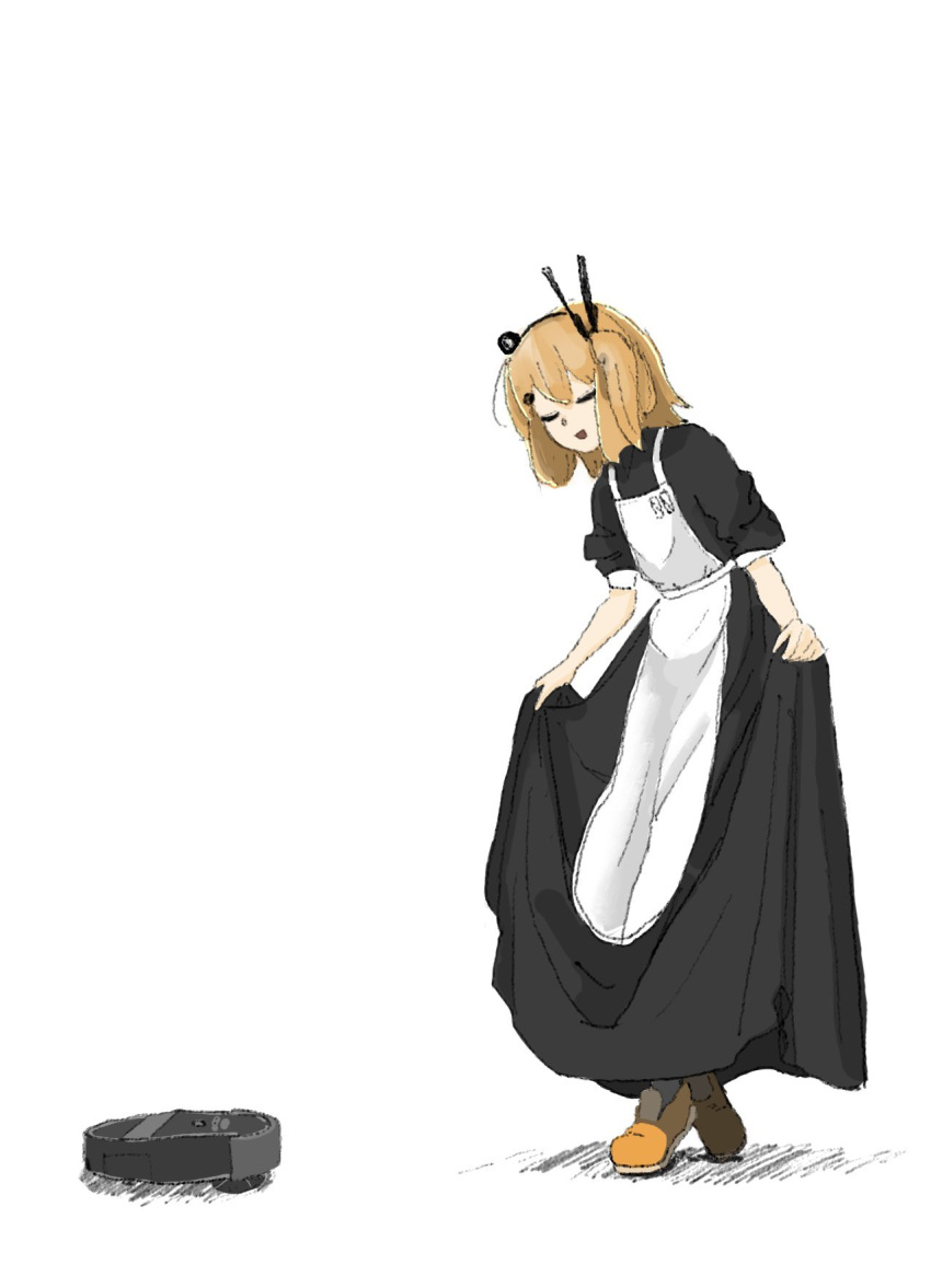 1girl, a.i._voice, adachi_rei, android, apron, bangs, black_dress, black_hairband, bowing, brown_footwear, closed_eyes, crossed_legs, curtsey, dress, hair_ornament, hairband, hairclip, hakoko_shitagokoro, headlamp, highres, maid, medium_hair, open_mouth, orange_hair, radio_antenna, robot, roomba, shadow, shoes, side_ponytail, simple_background, skirt_hold, sleeves_rolled_up, smile, solo, utau, white_apron
