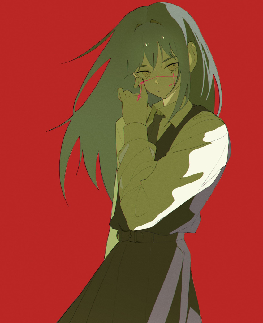 1girl, bangs, black_hair, black_ribbon, bleeding, blood, chainsaw_man, collared_shirt, cross_scar, dress, fourth_east_high_school_uniform, highres, joosibi, long_hair, looking_to_the_side, pinafore_dress, red_background, ribbon, ringed_eyes, scar, scar_on_cheek, scar_on_face, school_uniform, shirt, simple_background, solo, white_shirt, yellow_eyes, yoru_(chainsaw_man)