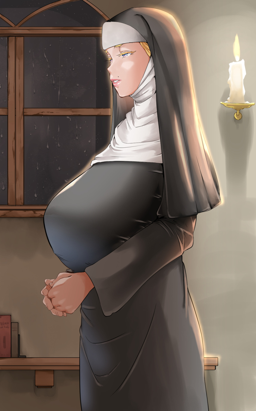 1girl, blonde_hair, blue_eyes, breasts, candle, feet_out_of_frame, fire, habit